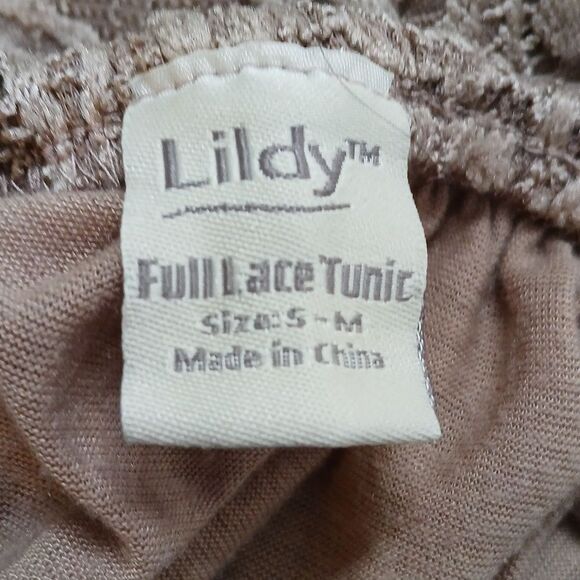Lildy tan full lace off the shoulder tunic  casual dress up bell sleeve Sz S-M - Picture 5 of 5